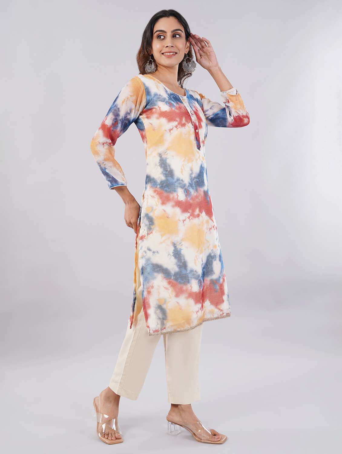 Women Printed Three Quarter Sleeves Kurta Pant With Dupatta Set - 22743362 -  Standard Image - 3
