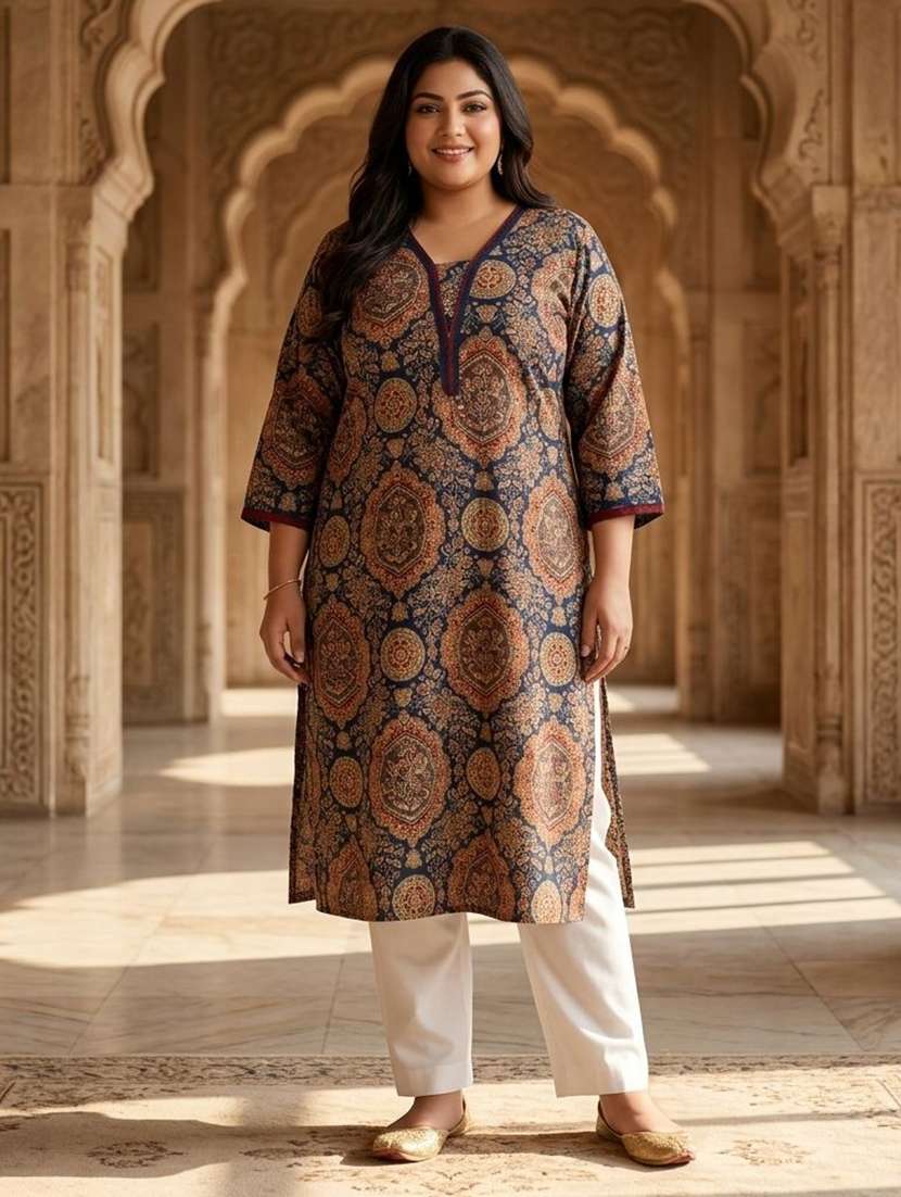 women printed three quarter sleeves straight kurta