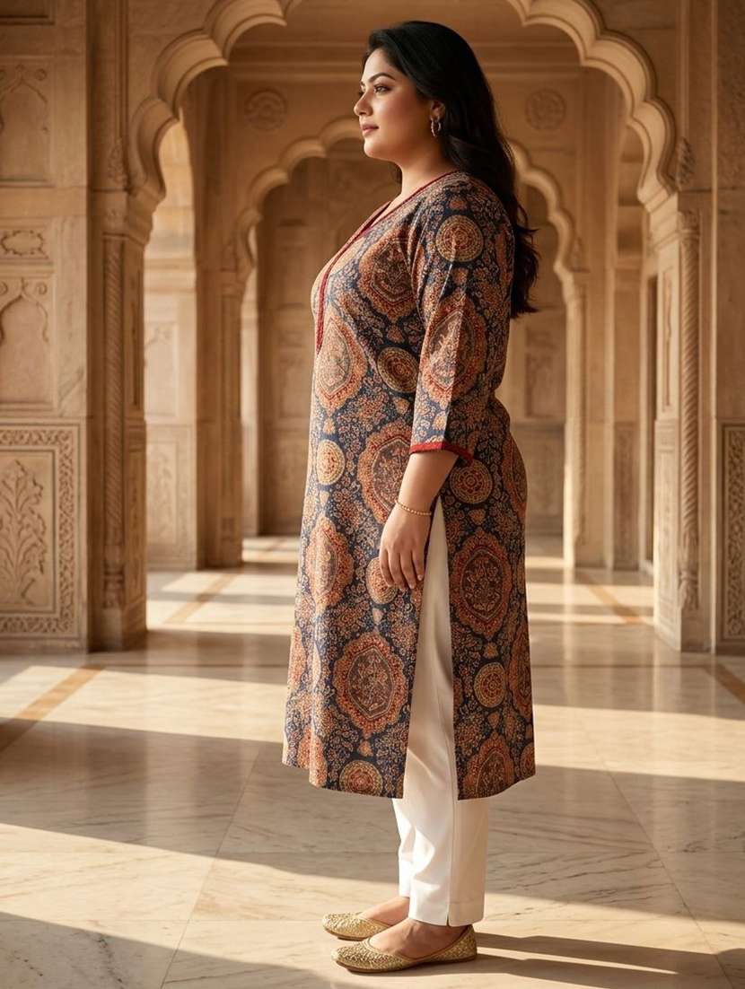 Women Printed Three Quarter Sleeves Straight Kurta - 22743633 -  Standard Image - 3