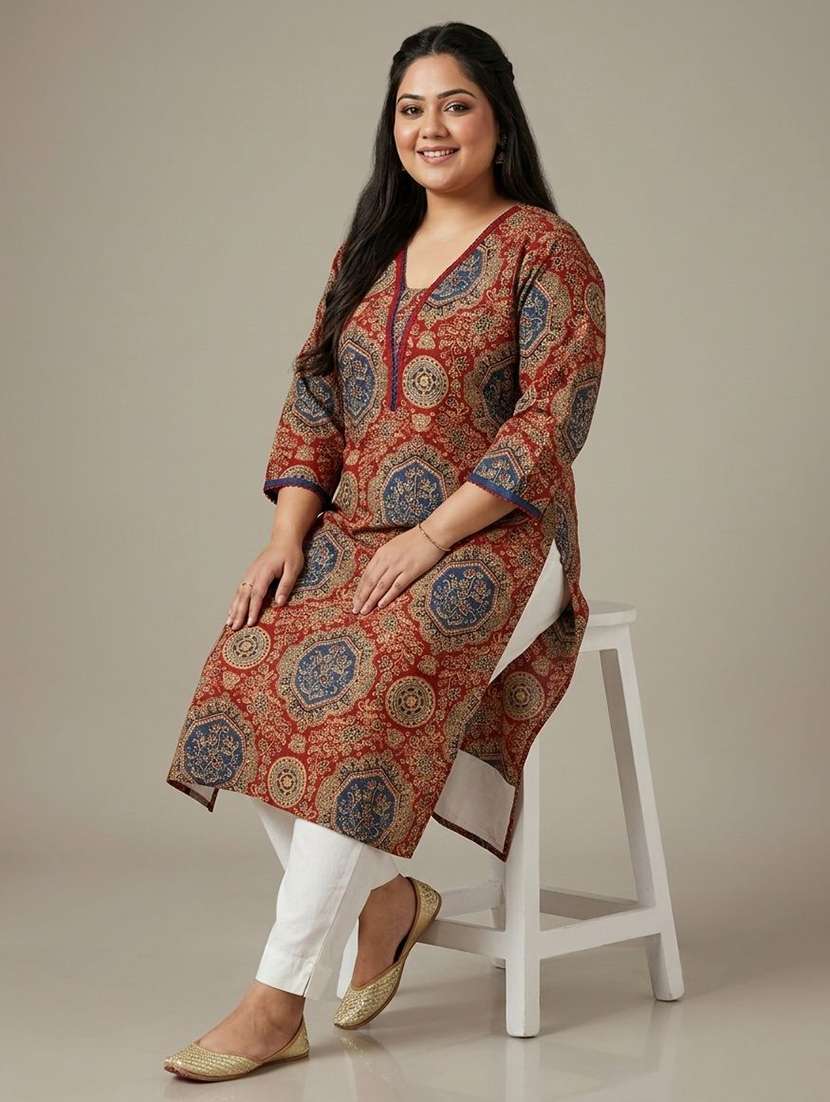 Women Printed Three Quarter Sleeves Straight Kurta - 22743636 -  Standard Image - 5