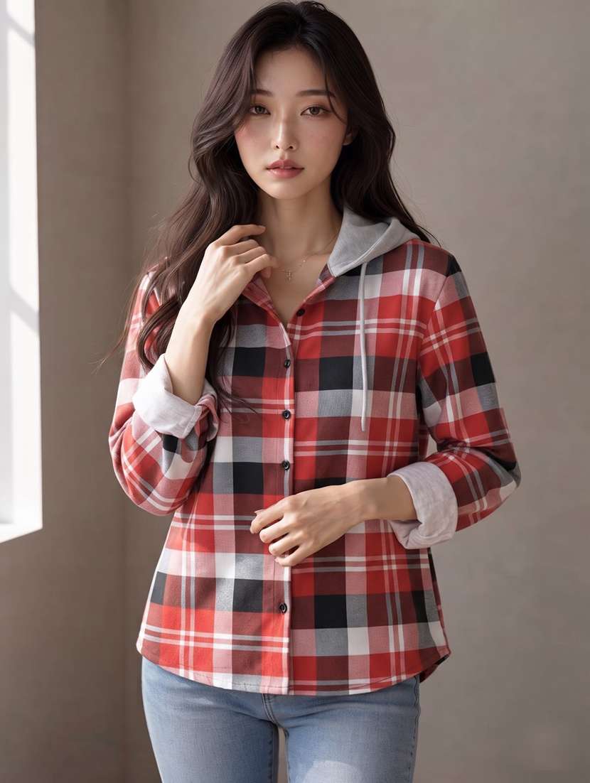 women checkered long sleeves hooded shacket