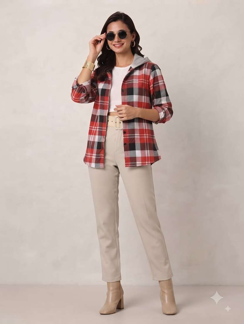 Women Checkered Long Sleeves Hooded Shacket - 22743681 -  Standard Image - 3