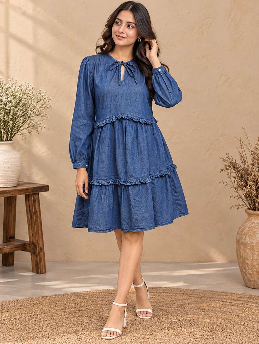 women solid long sleeves tiered dress