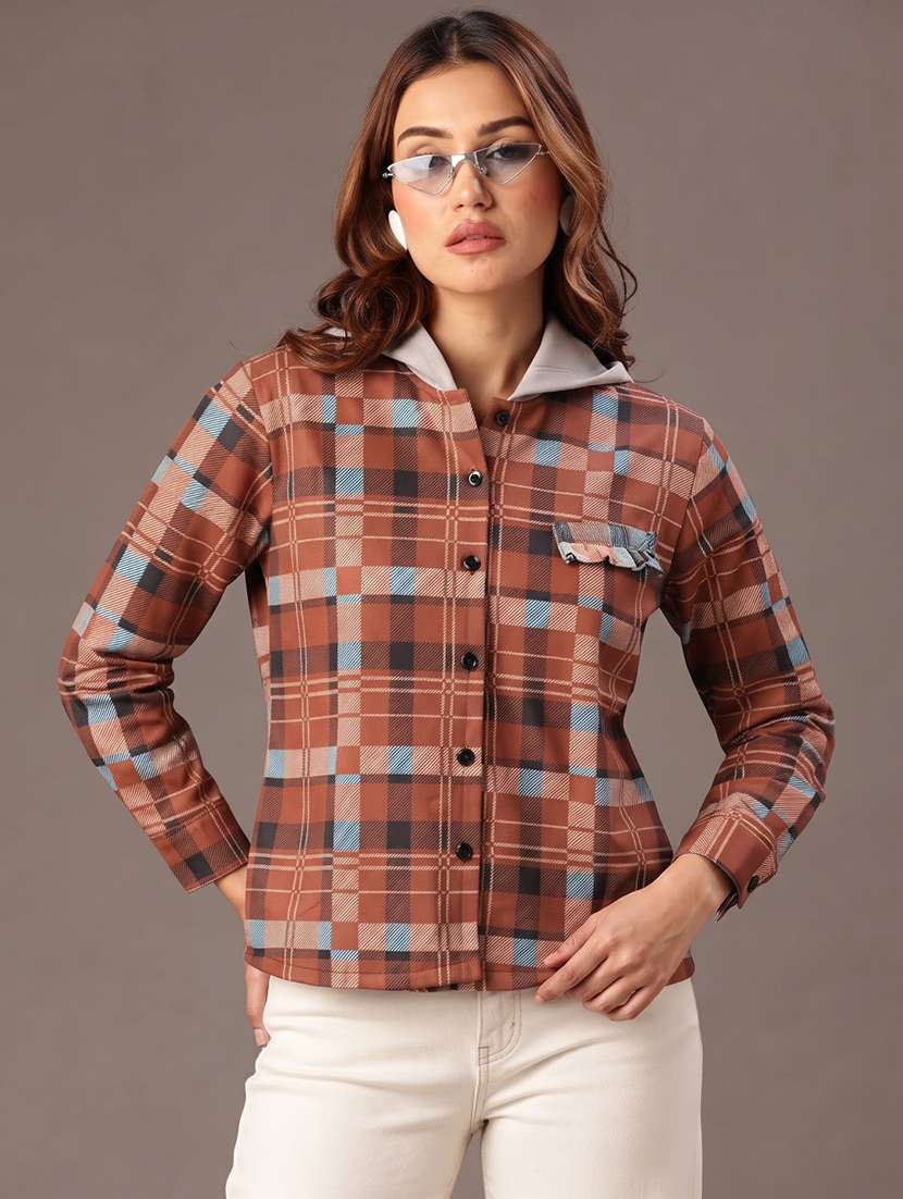 women checkered long sleeves hooded shacket