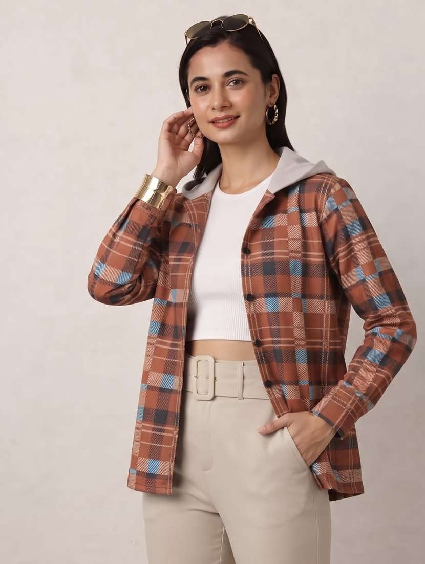 women checkered long sleeves hooded shacket