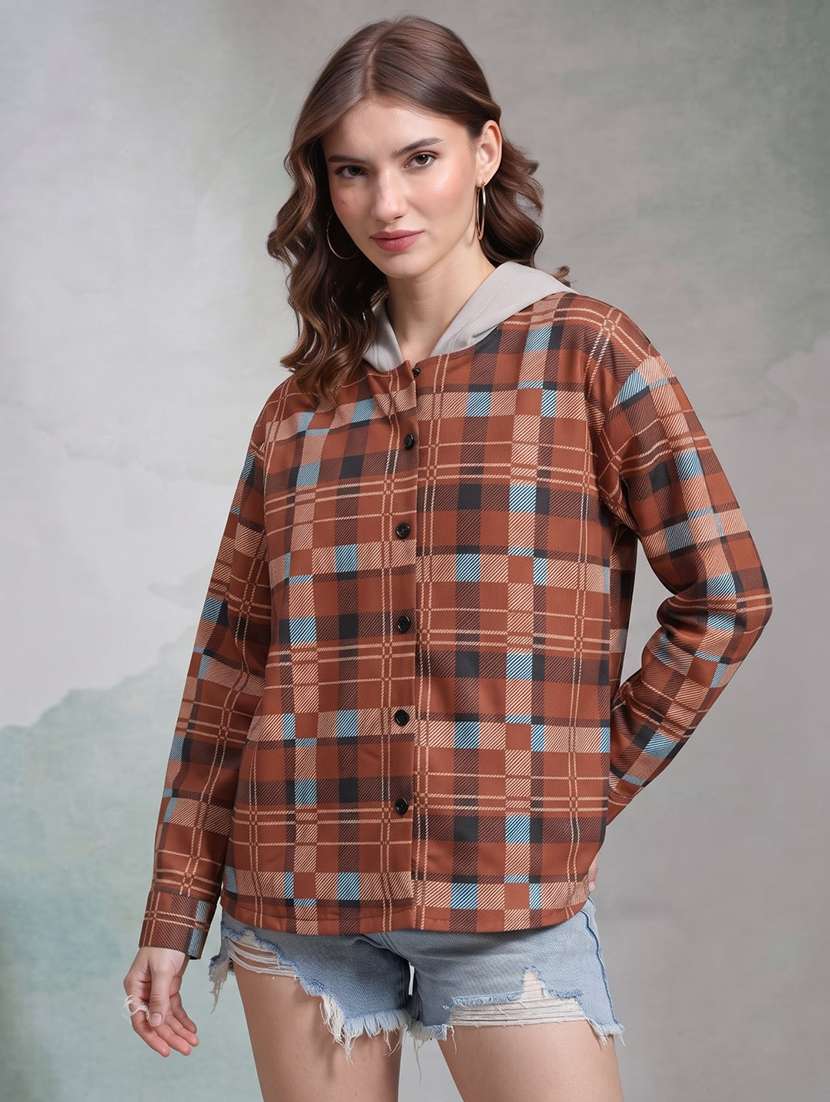 women checkered long sleeves hooded shacket