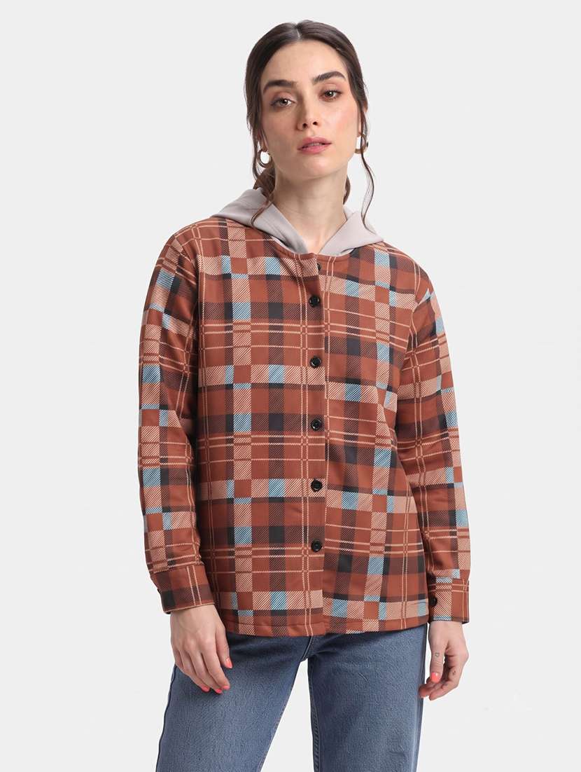 women checkered long sleeves hooded shacket