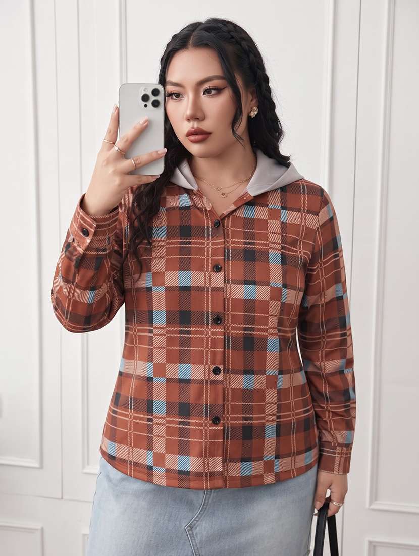 women checkered long sleeves hooded shacket