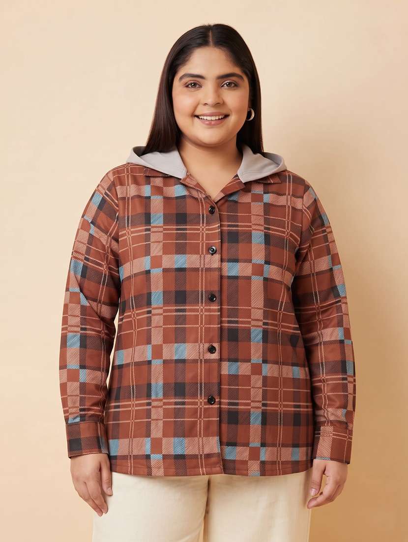 women checkered long sleeves hooded shacket