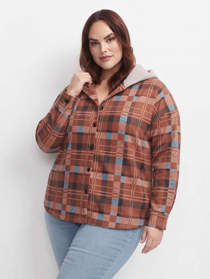 women checkered long sleeves hooded shacket