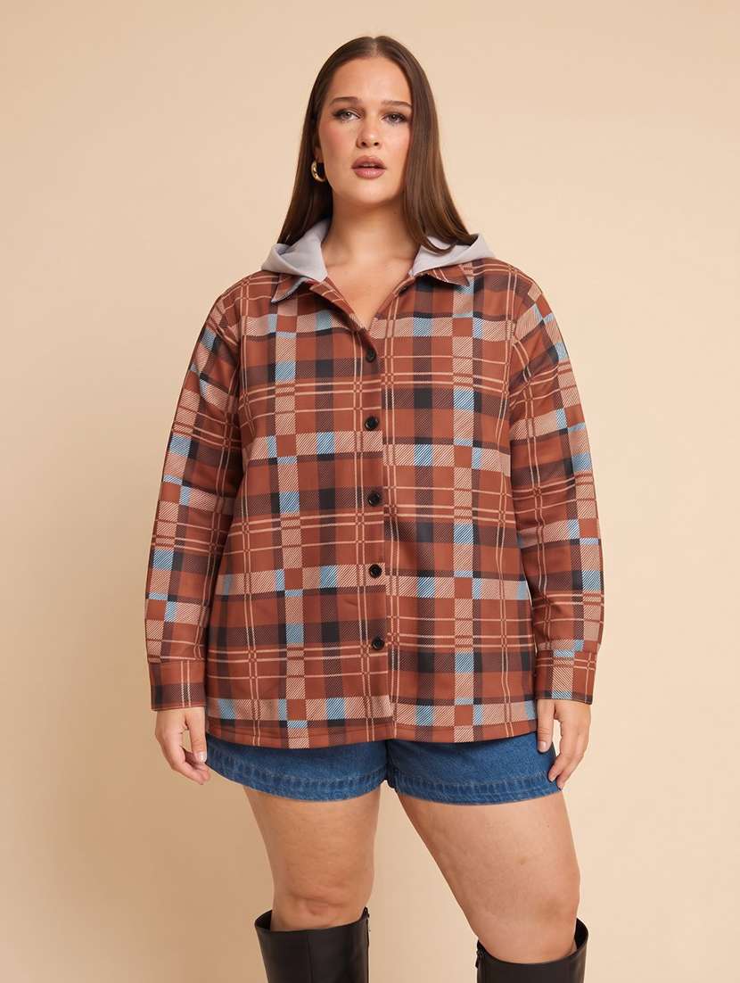 women checkered long sleeves hooded shacket