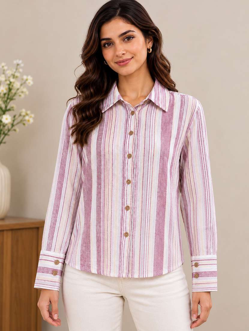women striped long sleeves regular shirt