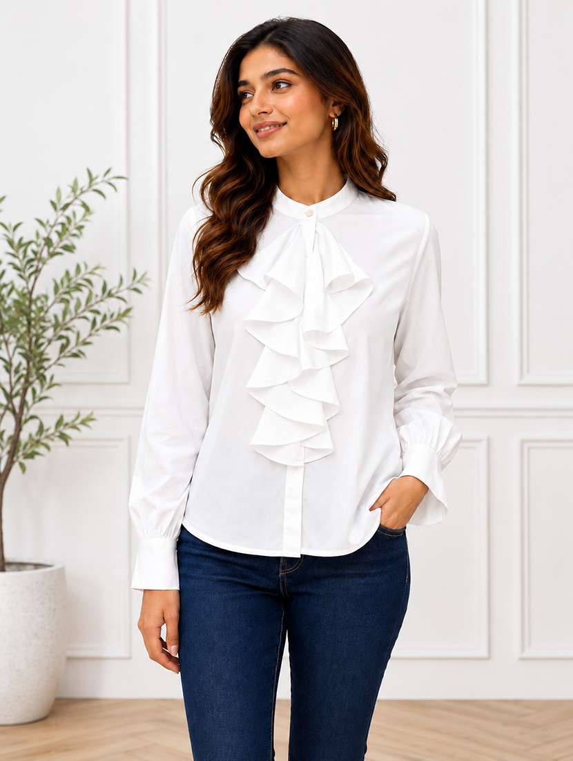 women solid long sleeves ruffled regular shirt