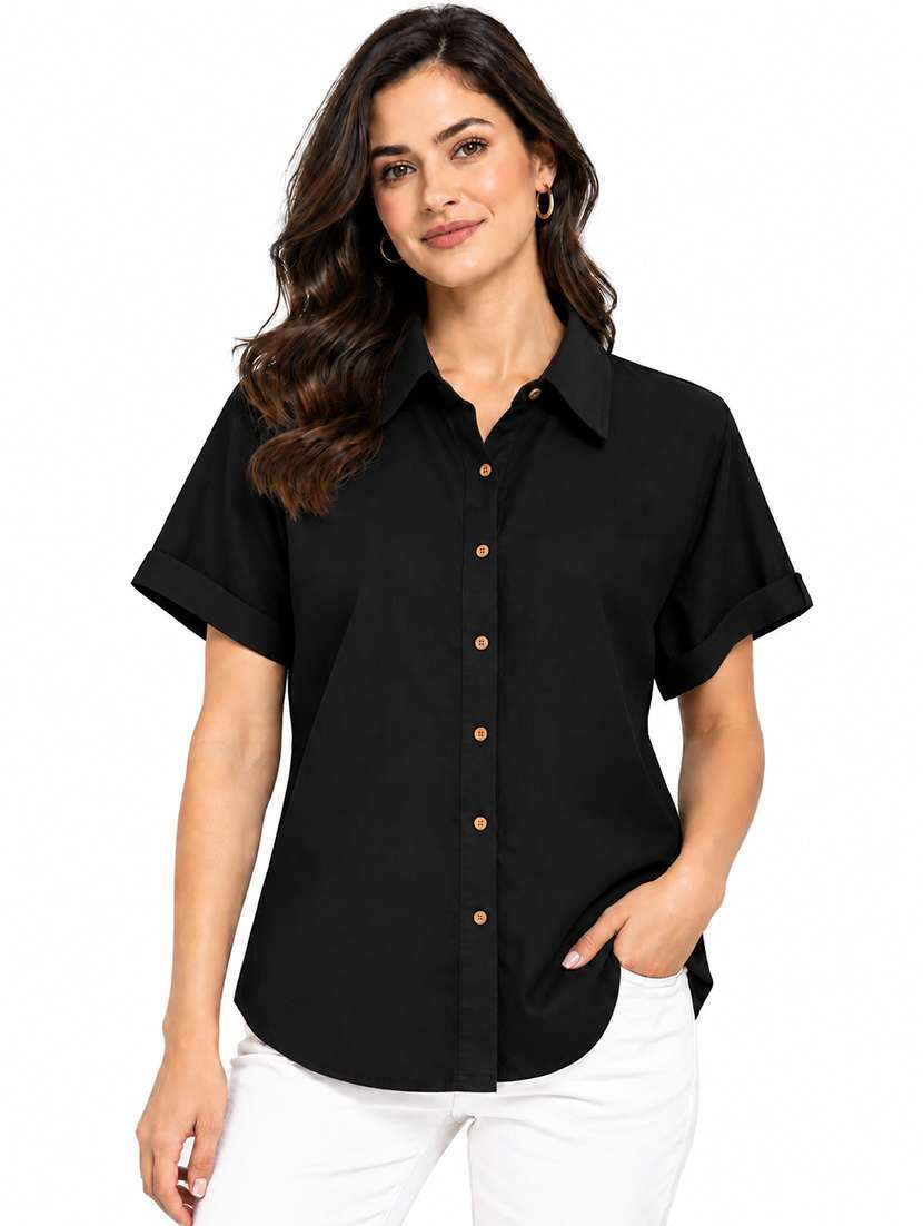 women solid short sleeves regular shirt