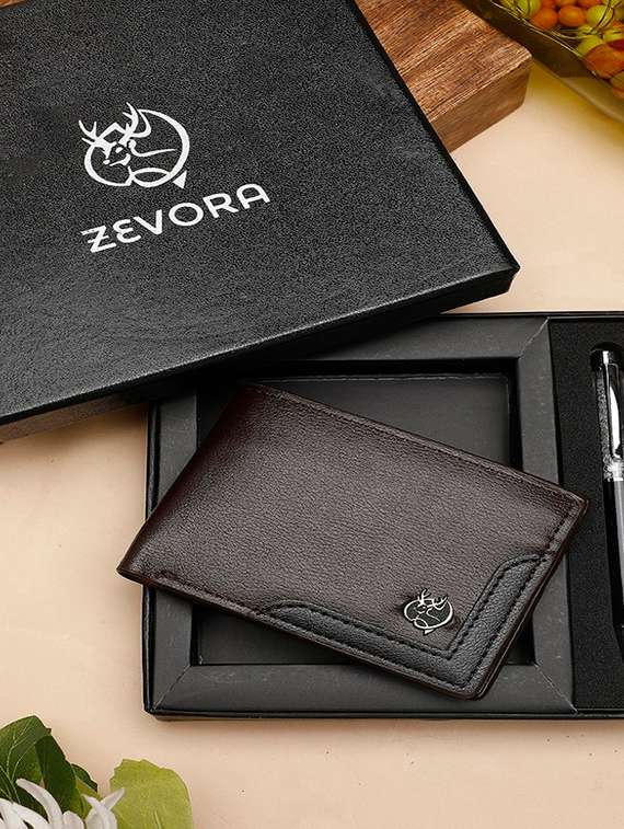 brown leather flap wallet with pen gift set
