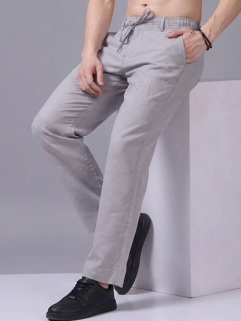 men solid mid rise flat front casual trouser