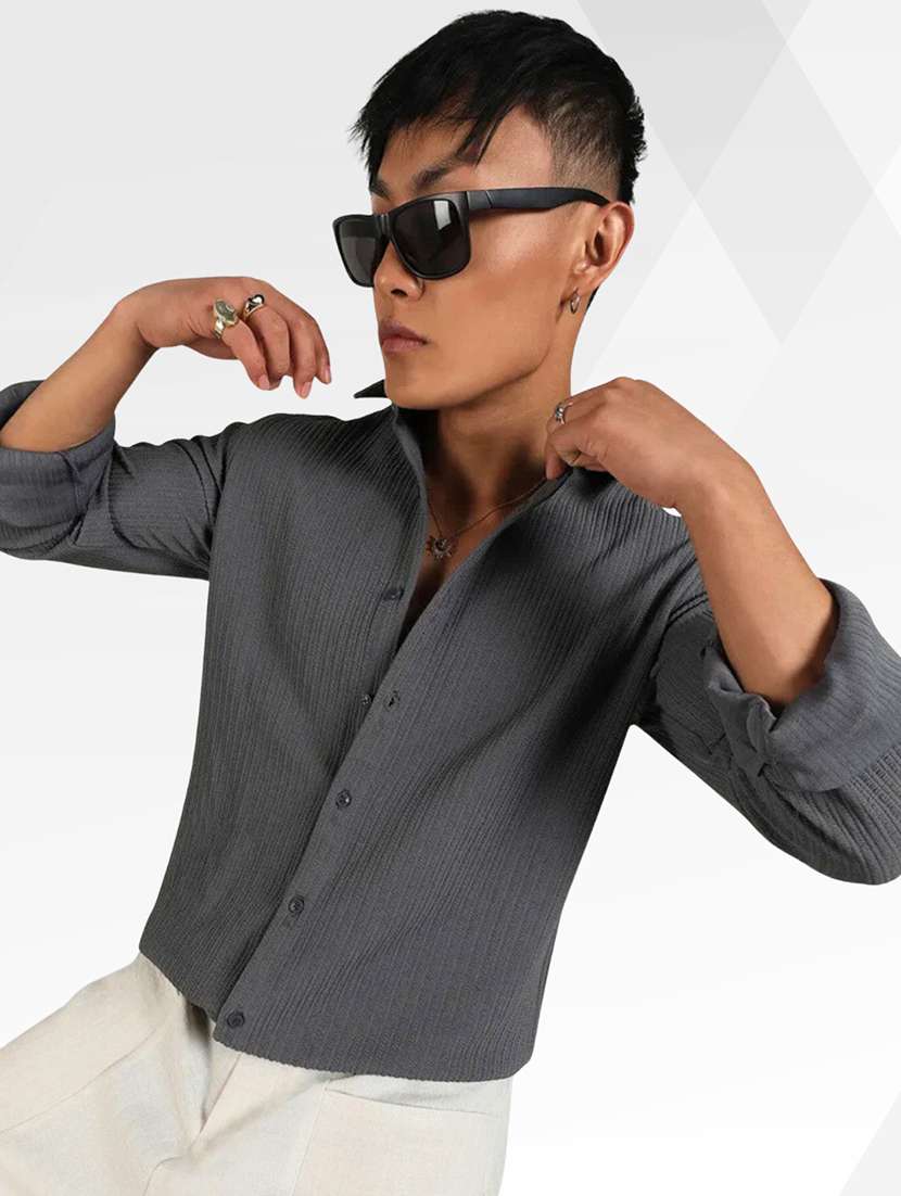 men textured long sleeve regular fit casual shirt