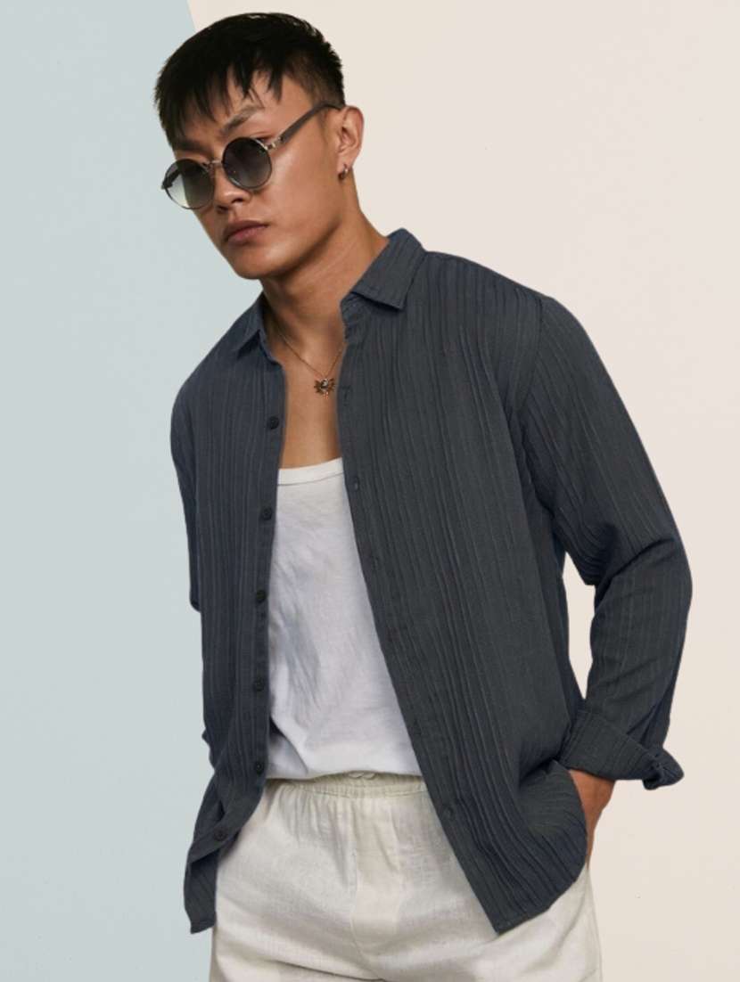 men textured long sleeve regular fit casual shirt
