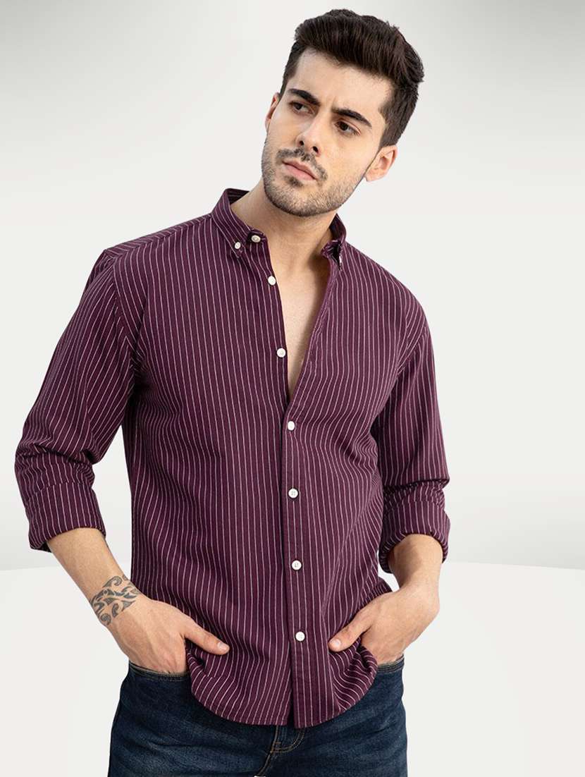men striped long sleeve slim fit casual shirt