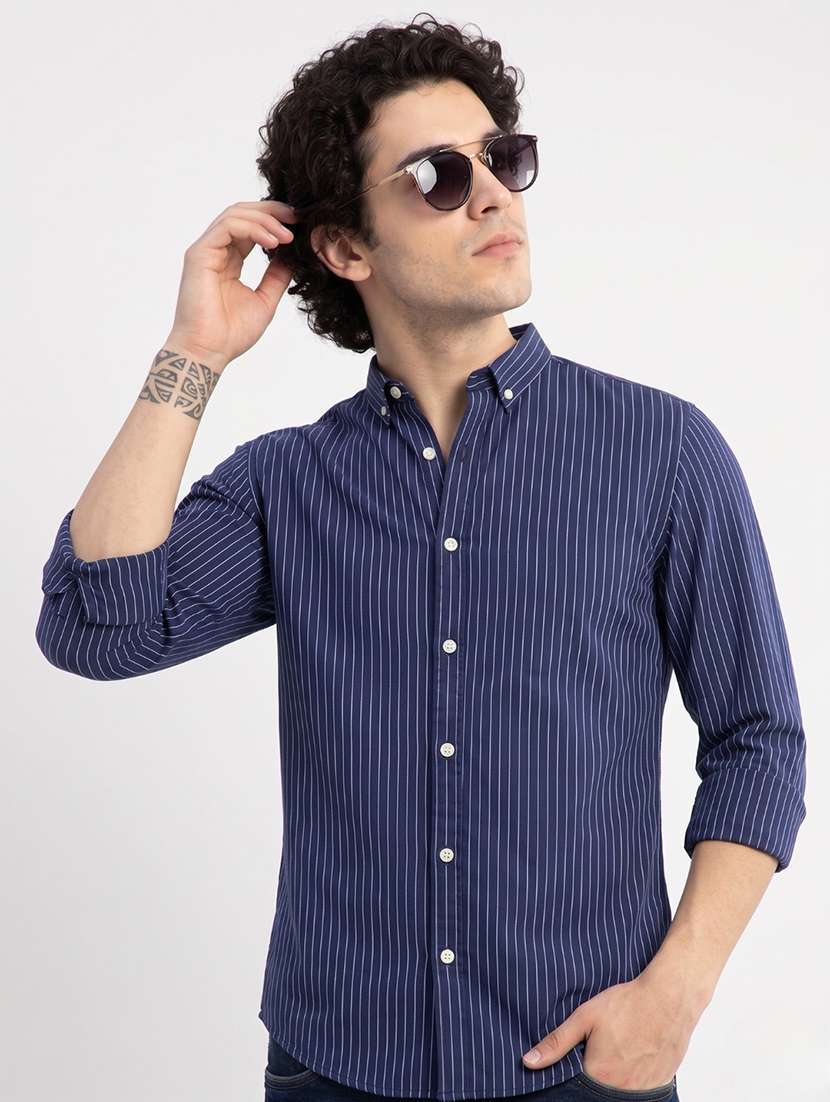 men striped long sleeve slim fit casual shirt