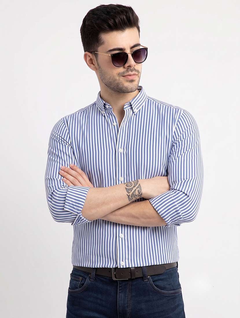men striped long sleeve slim fit casual shirt