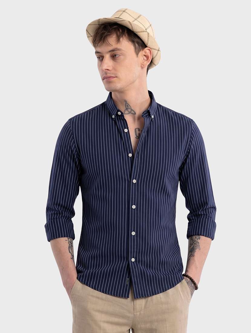 men striped long sleeve slim fit casual shirt