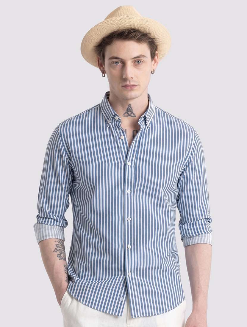 men striped long sleeve slim fit casual shirt
