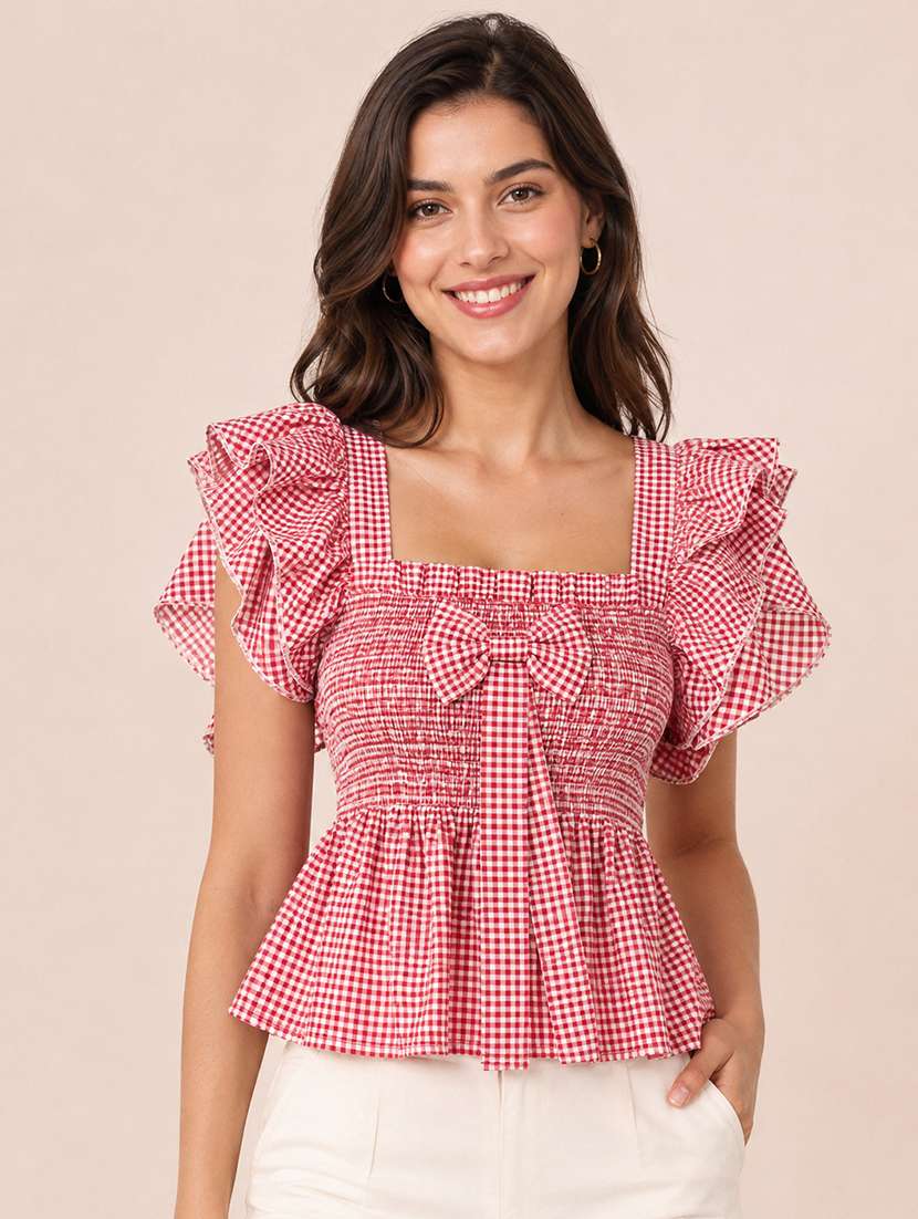 women checkered ruffle sleeves peplum top