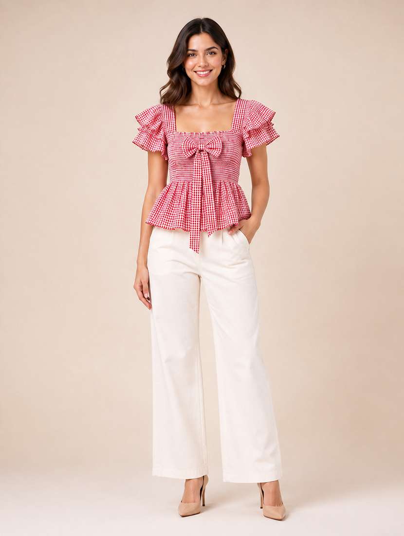 Women Checkered Ruffle Sleeves Peplum Top - 22744349 -  Standard Image - 3