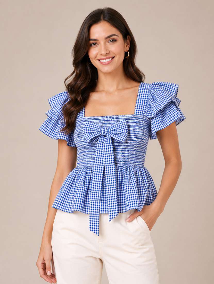 women checkered ruffle sleeves peplum top