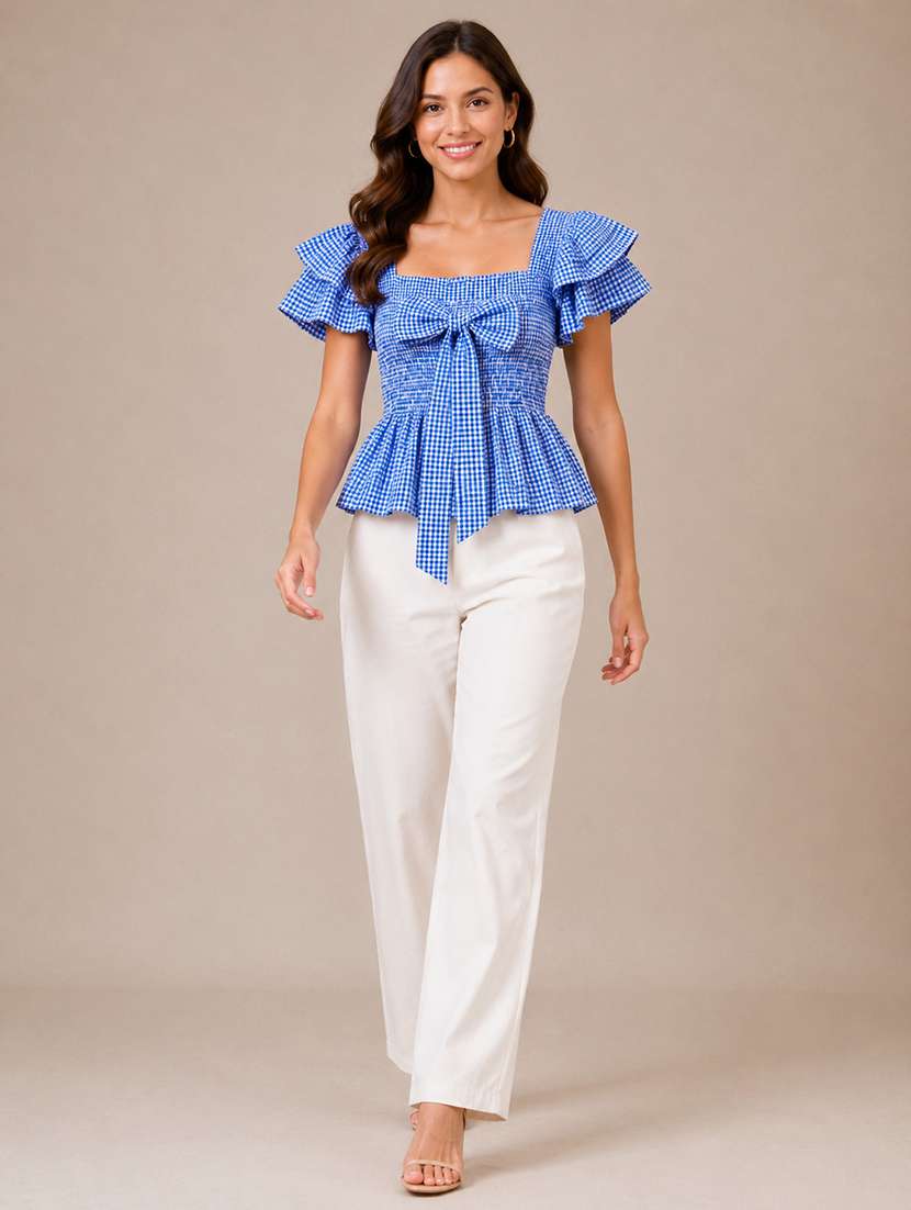 Women Checkered Ruffle Sleeves Peplum Top - 22744350 -  Standard Image - 3