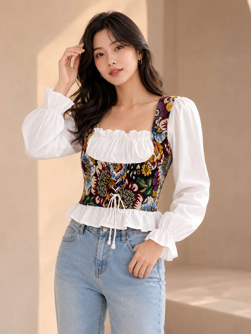 women self design pattern puff sleeve corset top