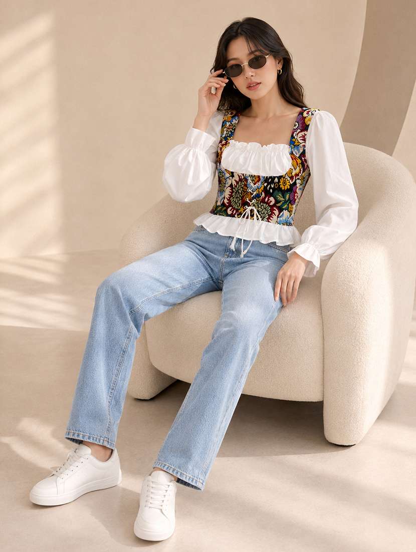 Women Self Design Pattern Puff Sleeve Corset Top - 22744362 -  Standard Image - 3