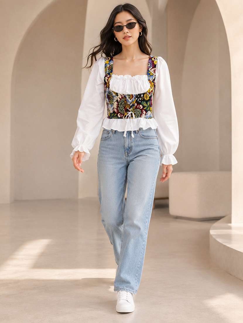 Women Self Design Pattern Puff Sleeve Corset Top - 22744362 -  Standard Image - 5