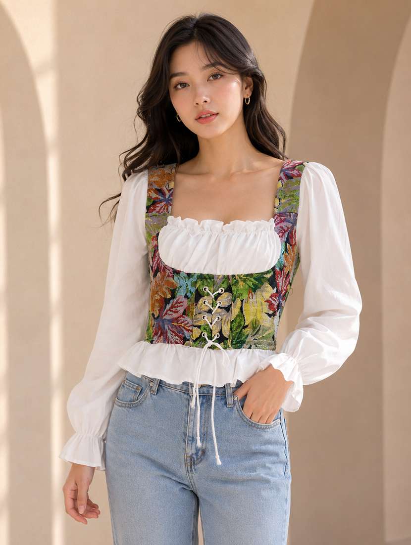 women self design pattern puff sleeve corset top