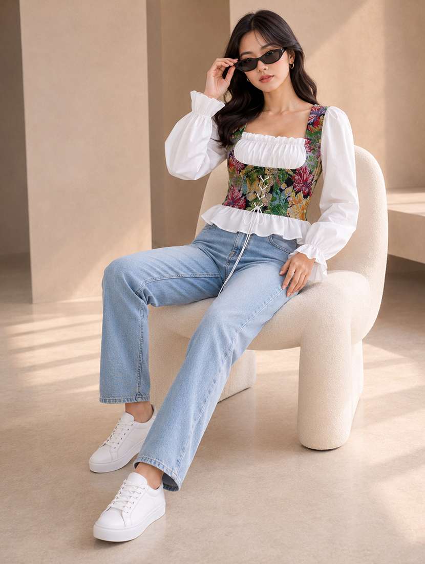 Women Self Design Pattern Puff Sleeve Corset Top - 22744363 -  Standard Image - 3