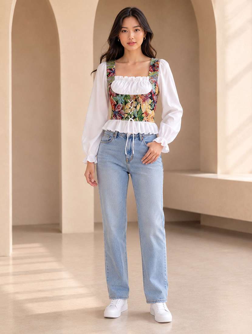 Women Self Design Pattern Puff Sleeve Corset Top - 22744363 -  Standard Image - 5