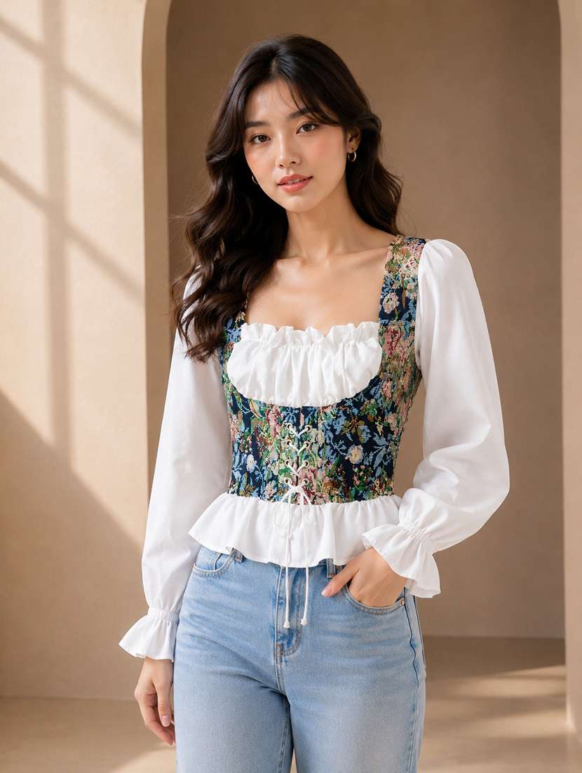 women self design pattern puff sleeve corset top