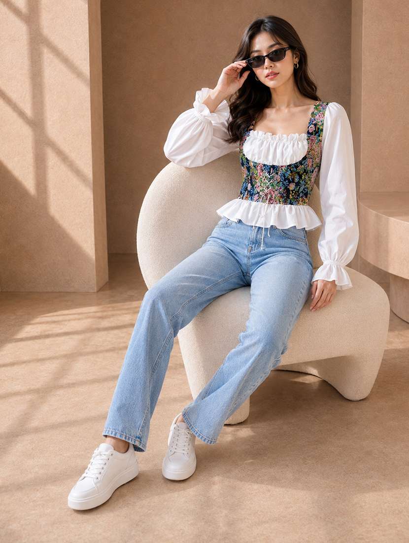 Women Self Design Pattern Puff Sleeve Corset Top - 22744366 -  Standard Image - 3
