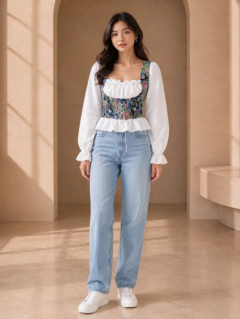 Women Self Design Pattern Puff Sleeve Corset Top - 22744366 -  Standard Image - 5