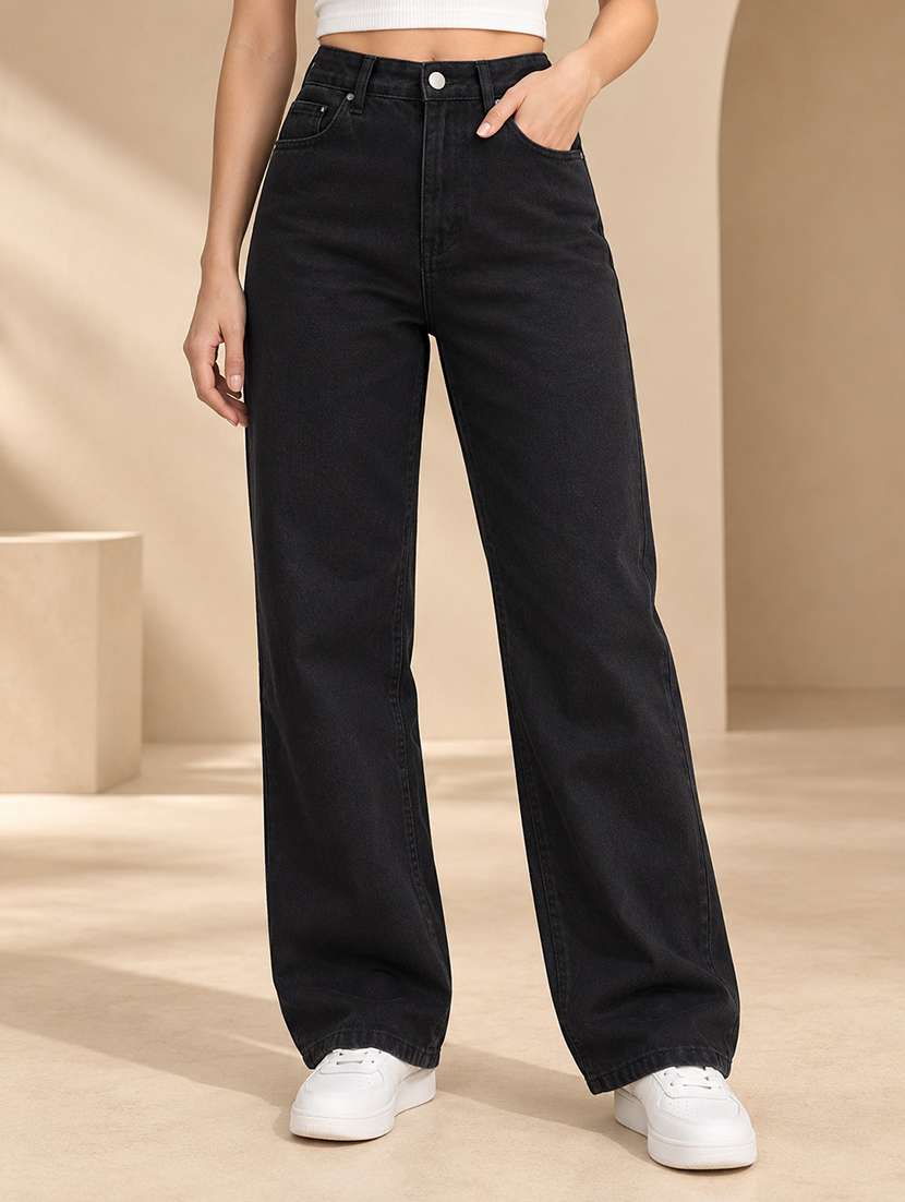 women solid high rise straight jeans