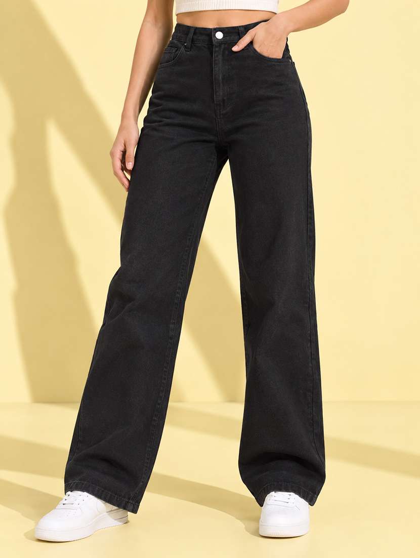 women solid high rise straight jeans