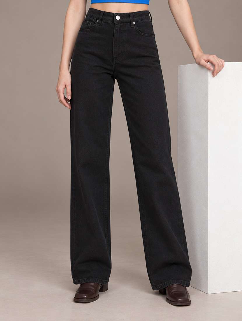 women solid high rise straight jeans
