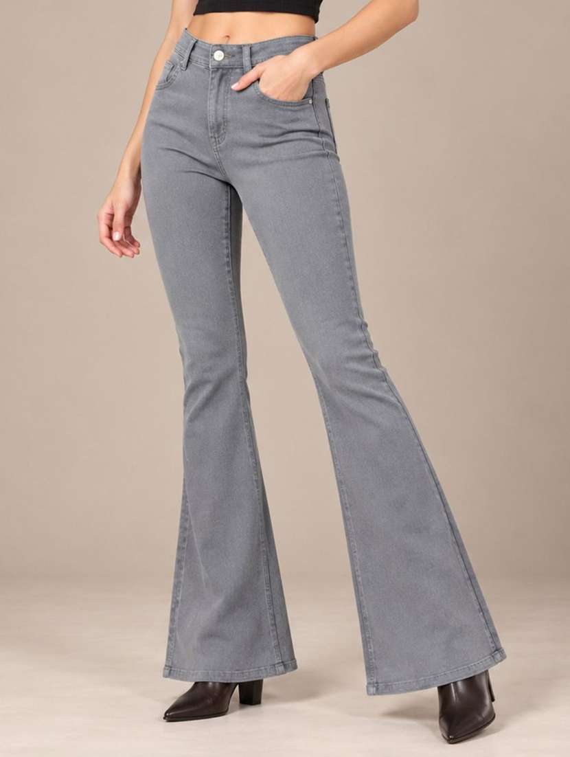 women solid high rise bootcut jeans