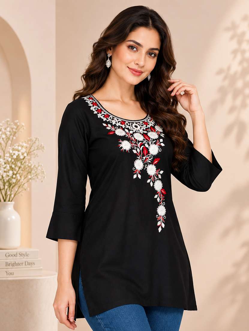 women embroidered three quarter sleeves straight kurti