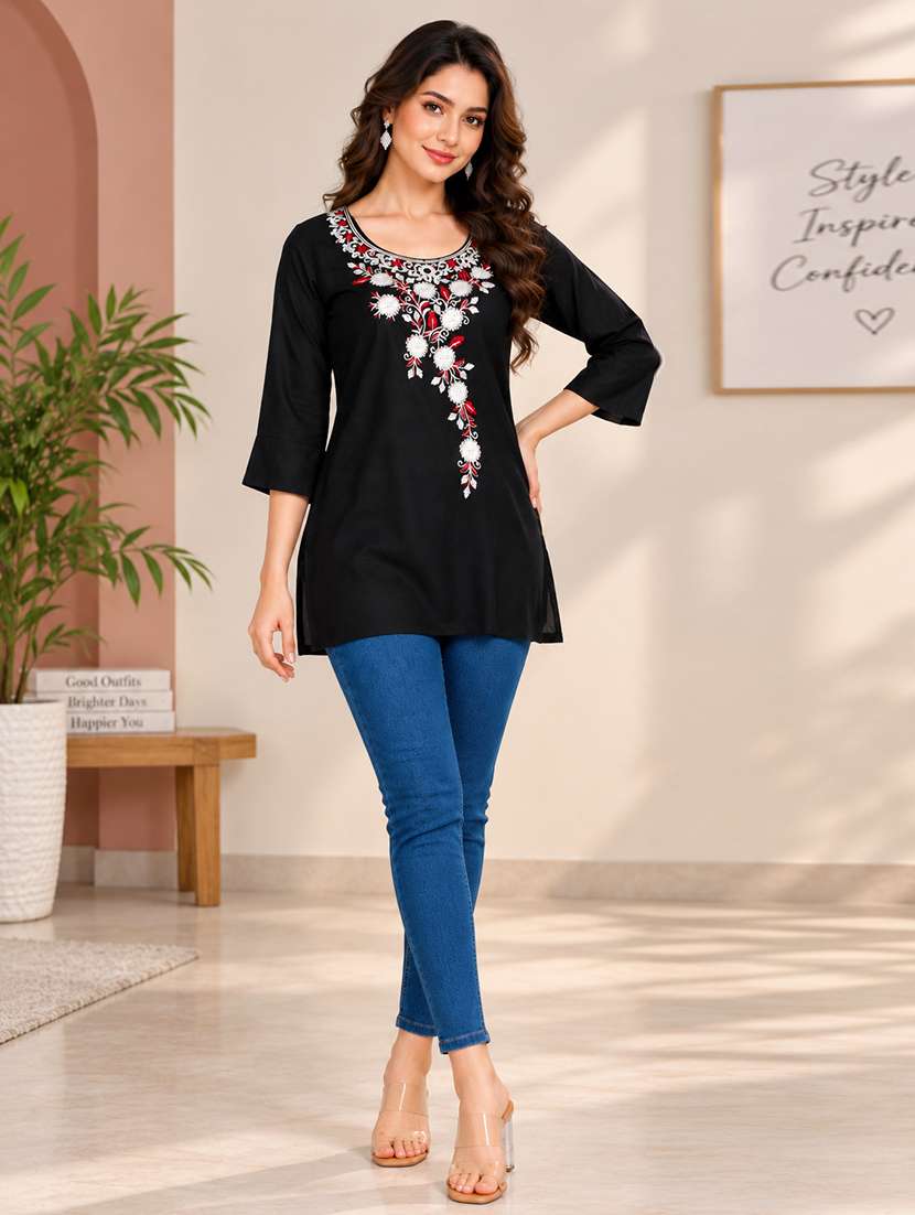 Women Embroidered Three Quarter Sleeves Straight Kurti - 22744427 -  Standard Image - 3