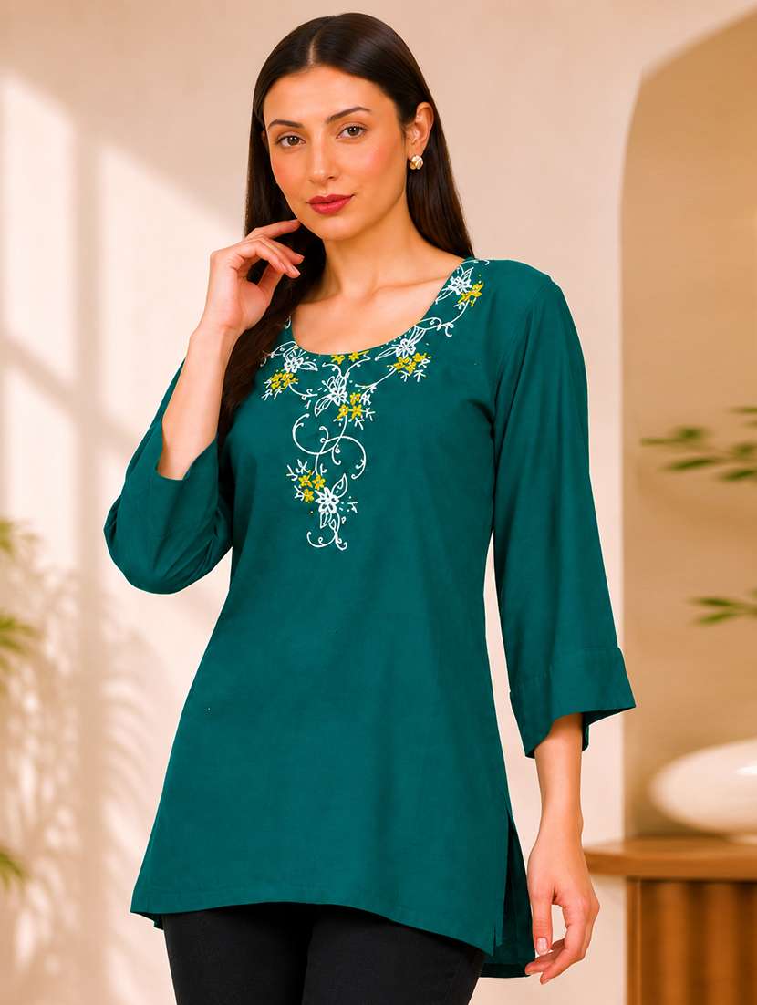 women embroidered three quarter sleeves straight kurti