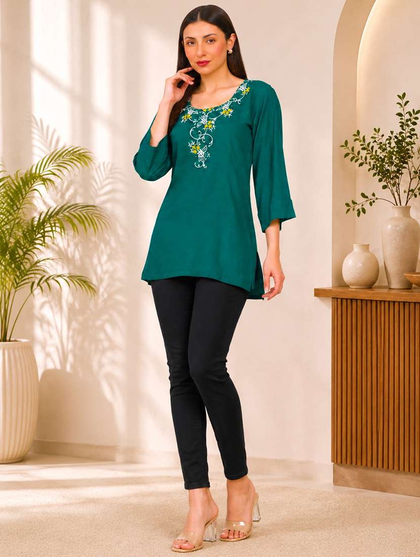 Women Embroidered Three Quarter Sleeves Straight Kurti - 22744428 -  Standard Image - 3