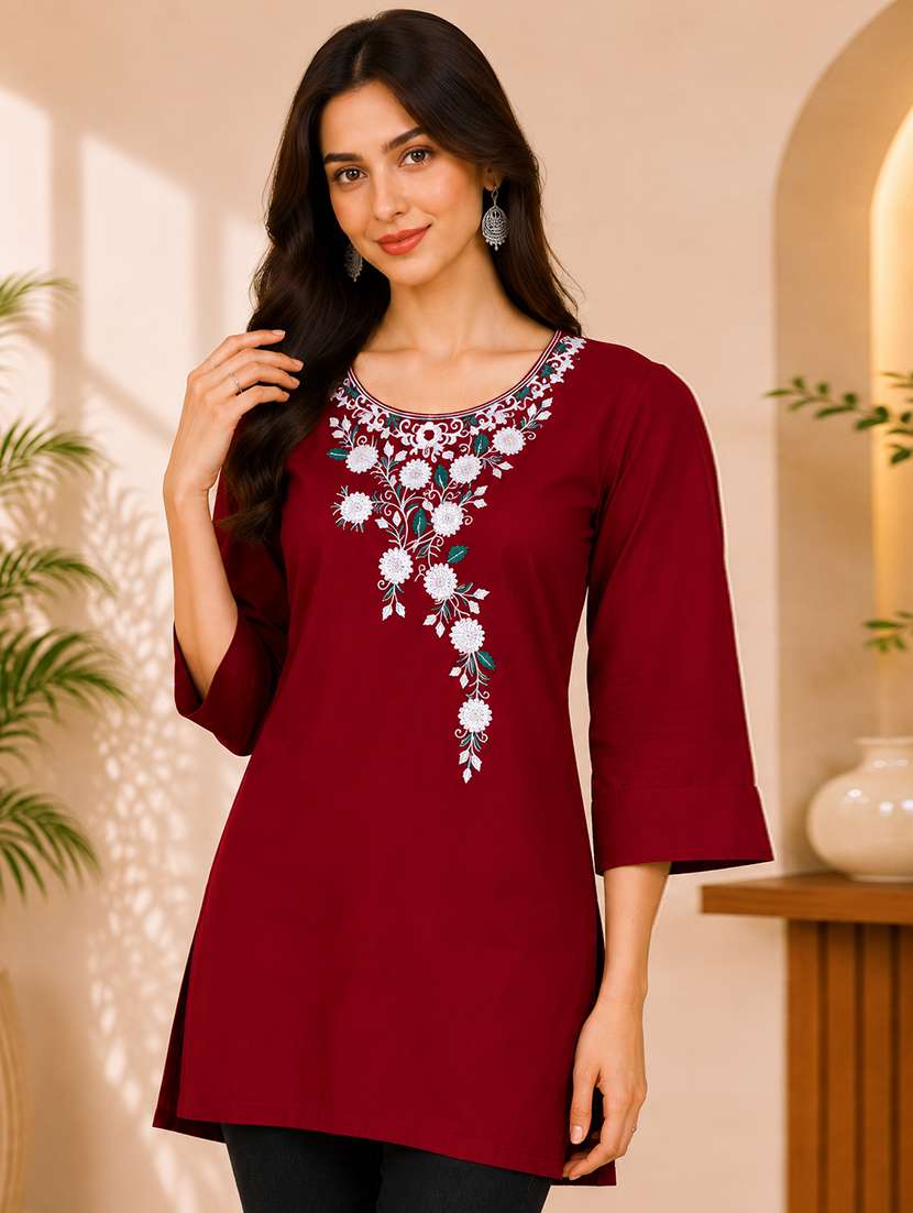 women embroidered three quarter sleeves straight kurti