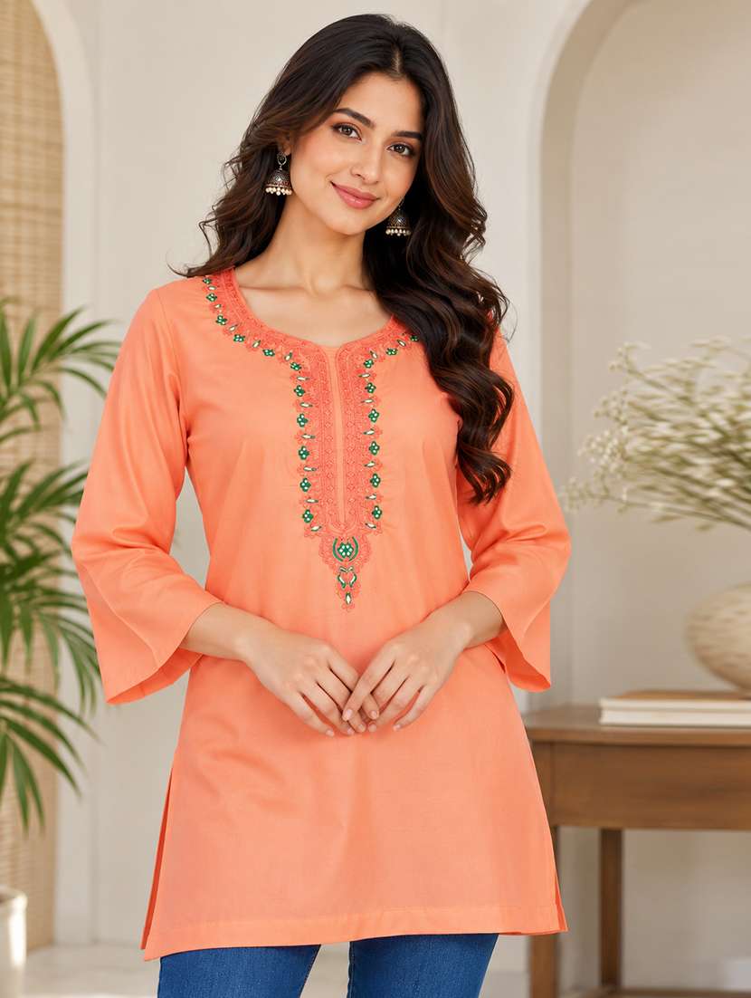 women embroidered three quarter sleeves straight kurti